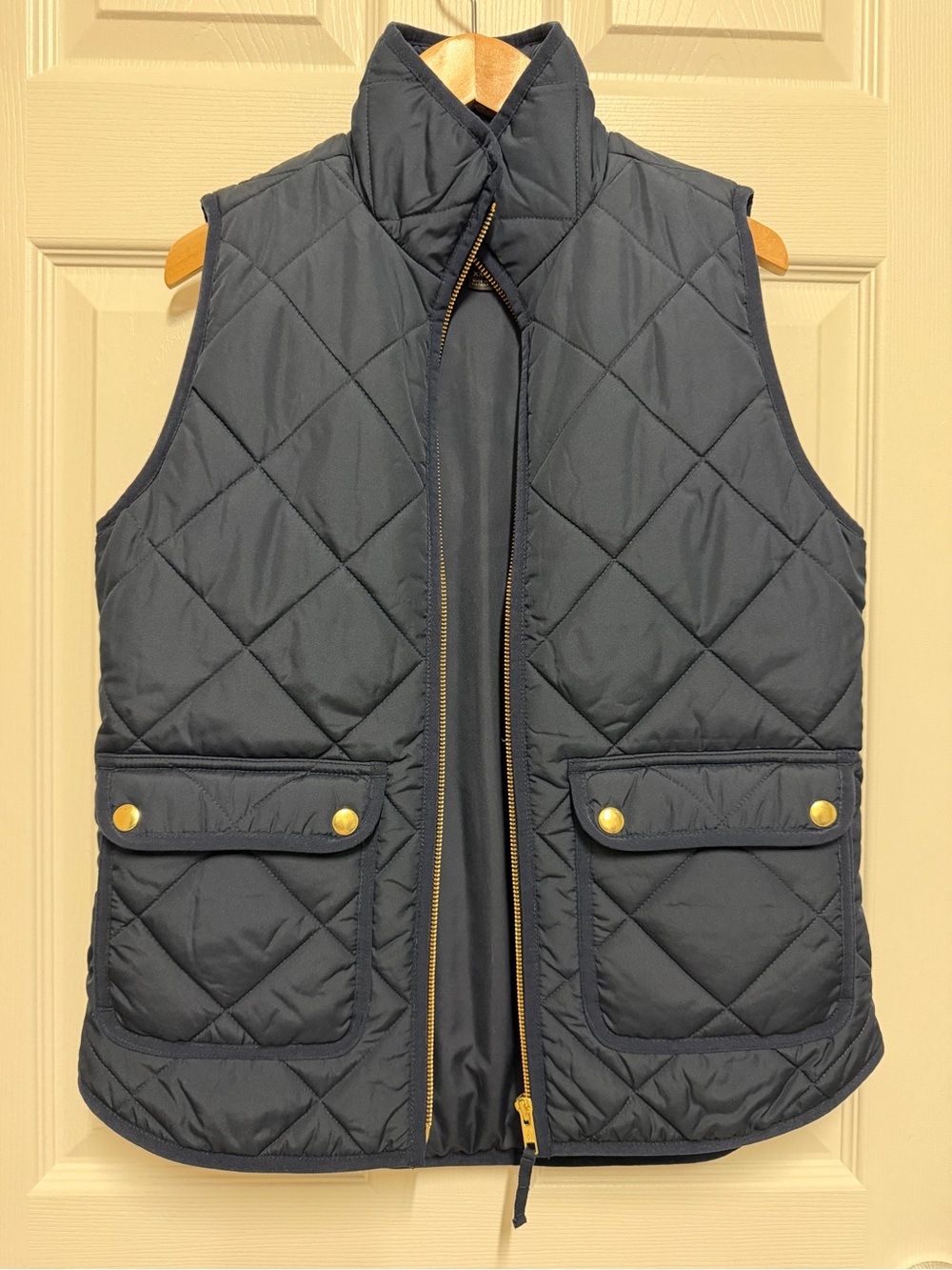 J Crew Quilted Navy Sleeveless Vest with Gold Button Pockets